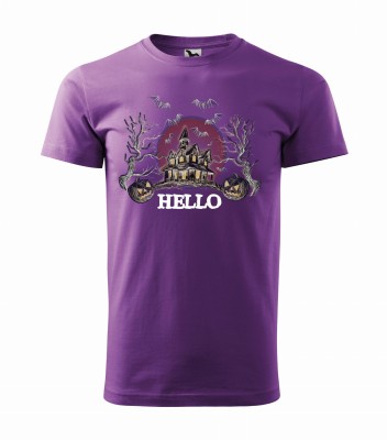 Koszulka unisex z rysunkowym strasznym domkiem w kolorze fioletowym
